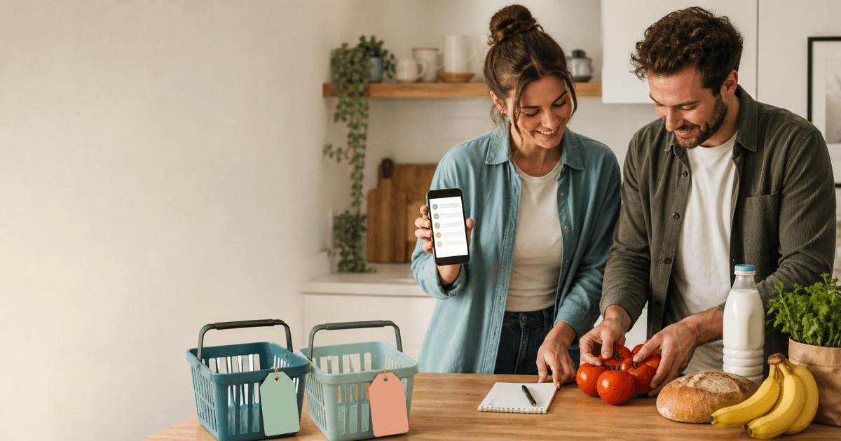 Smartphone mit gemeinsamer Einkaufsliste, Rezepten und Preisvergleich für den Wocheneinkauf