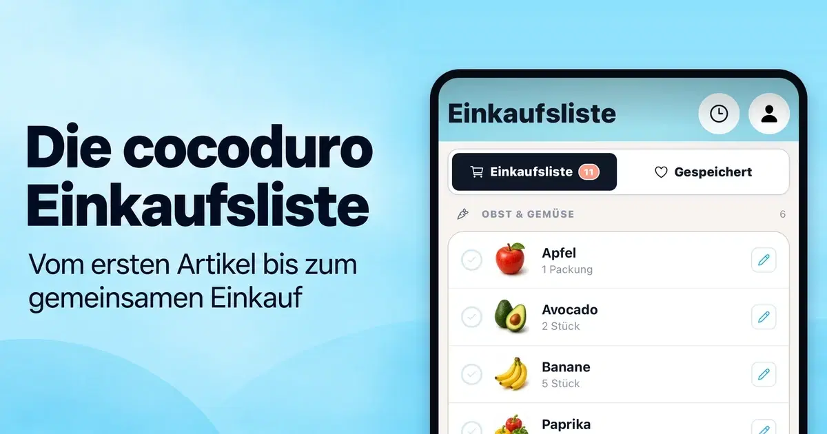 cocoduro Einkaufsliste mit den Artikeln Apfel, Avocado und Banane