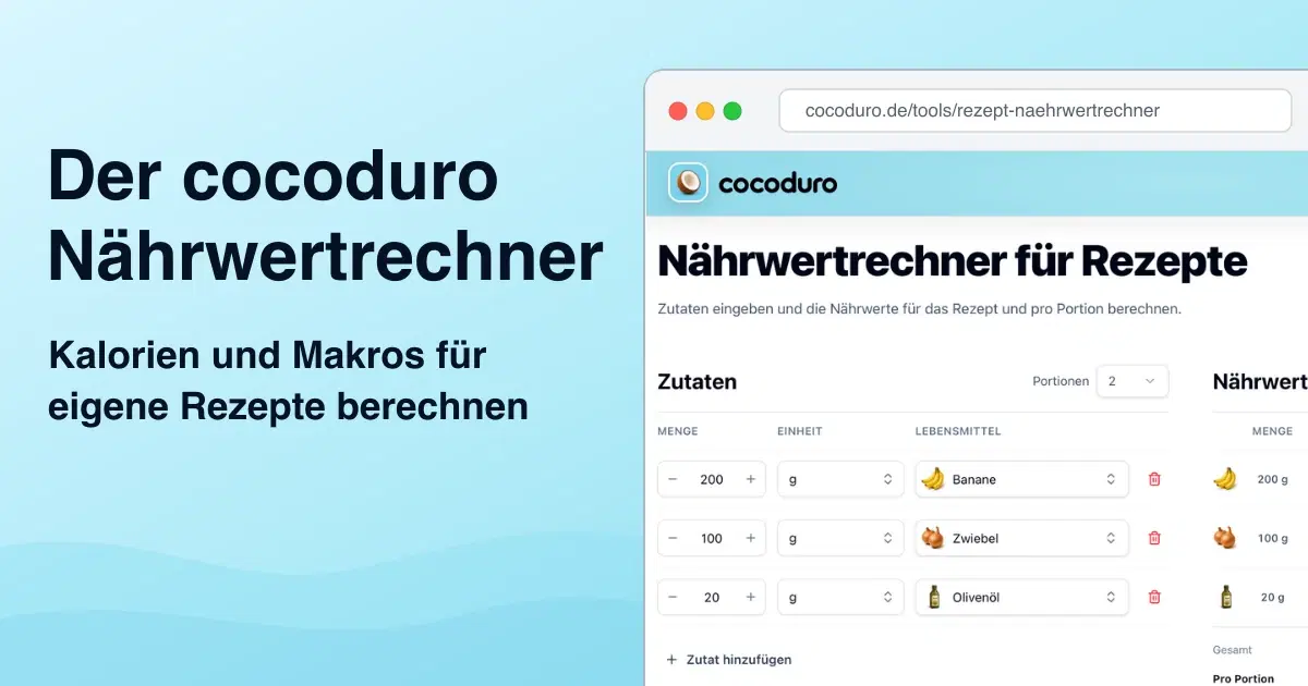 cocoduro Nährwertrechner als echter Screenshot in einem macOS-Browserfenster auf hellblauem Hintergrund