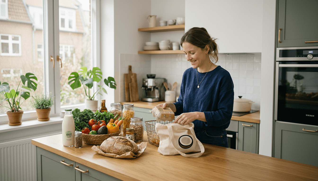 Frau räumt in einer hellen modernen Küche einen vorbereiteten Wocheneinkauf mit Brot, Gemüse, Milch und Vorräten aus