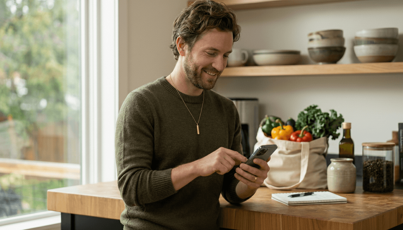 Mann nutzt in einer hellen Küche sein Smartphone, während neben ihm eine Einkaufstasche mit frischen Lebensmitteln auf der Arbeitsplatte steht
