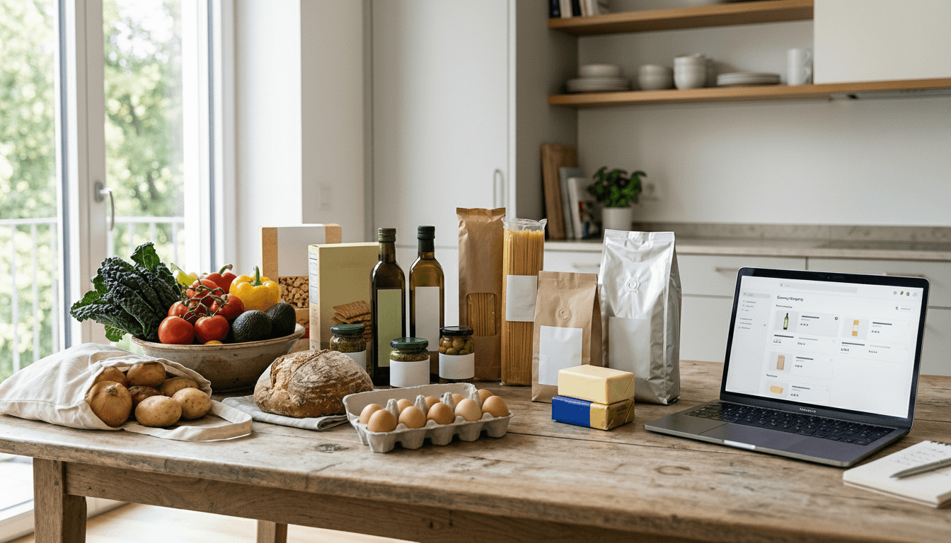 Lebensmittel liegen auf einem Holztisch in einer hellen Küche neben einem aufgeklappten Laptop mit Preisvergleich für einen digitalen Einkauf