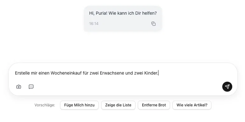 cocoduro Chat mit Prompt zum Planen eines Wocheneinkaufs