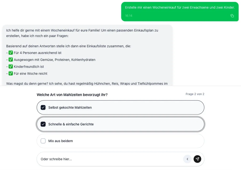 Auswahloptionen zum Personalisieren des Wocheneinkaufs in cocoduro