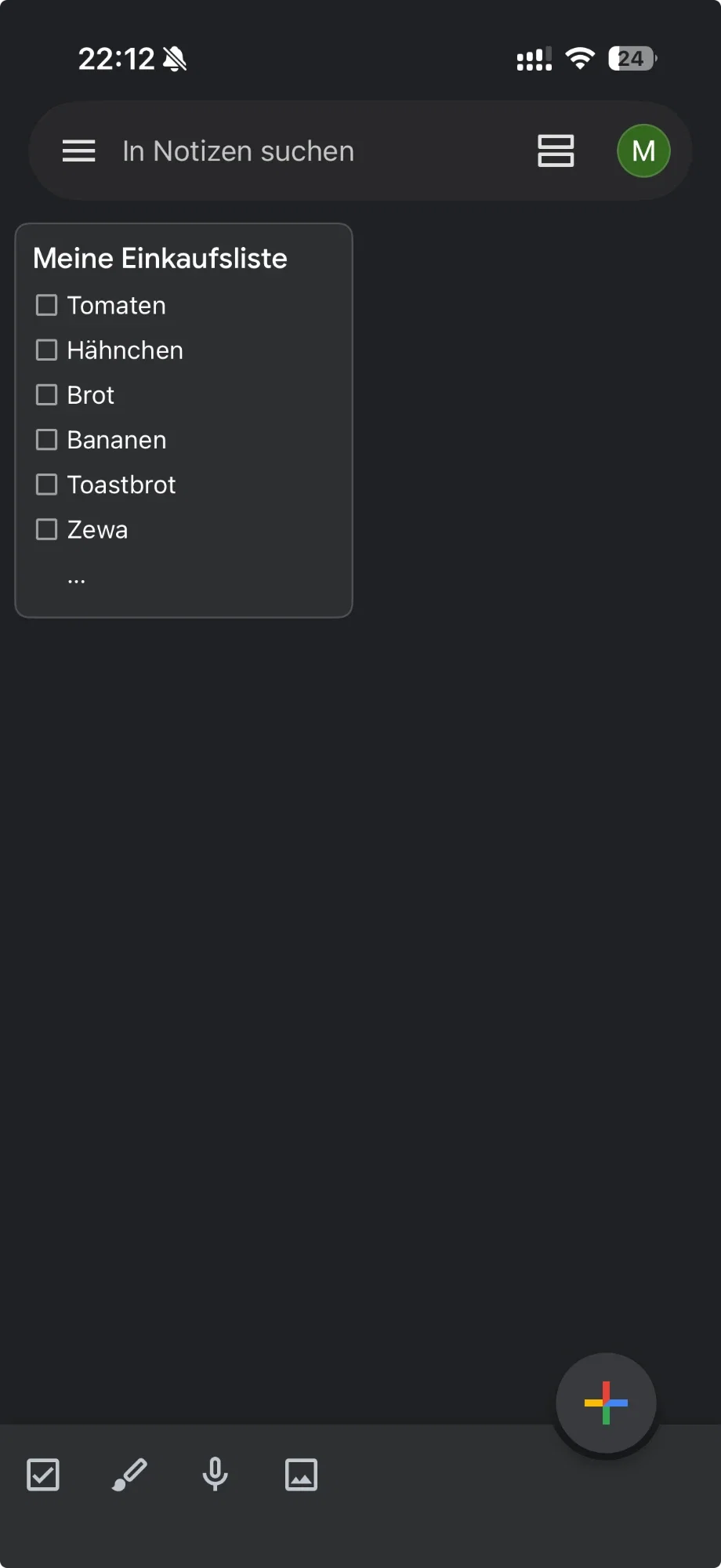 Google Keep Einkaufsliste als Notiz mit Tomaten, Hähnchen, Brot, Bananen, Toastbrot und Zewa ohne Mengen