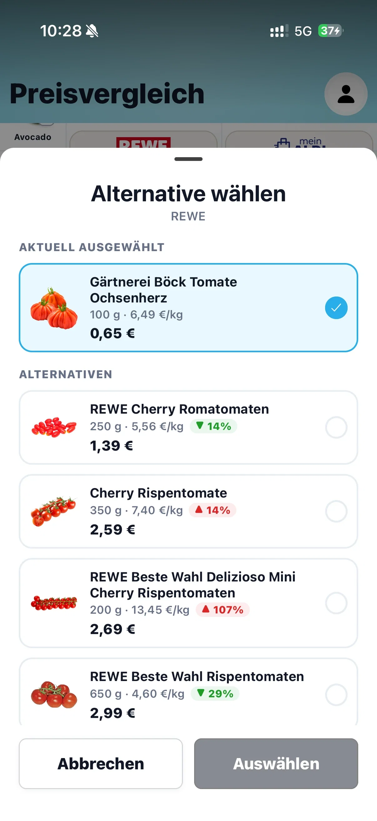 Auswahl alternativer REWE-Tomaten mit Packungsgrößen, Packungspreisen und Preisen pro Kilogramm