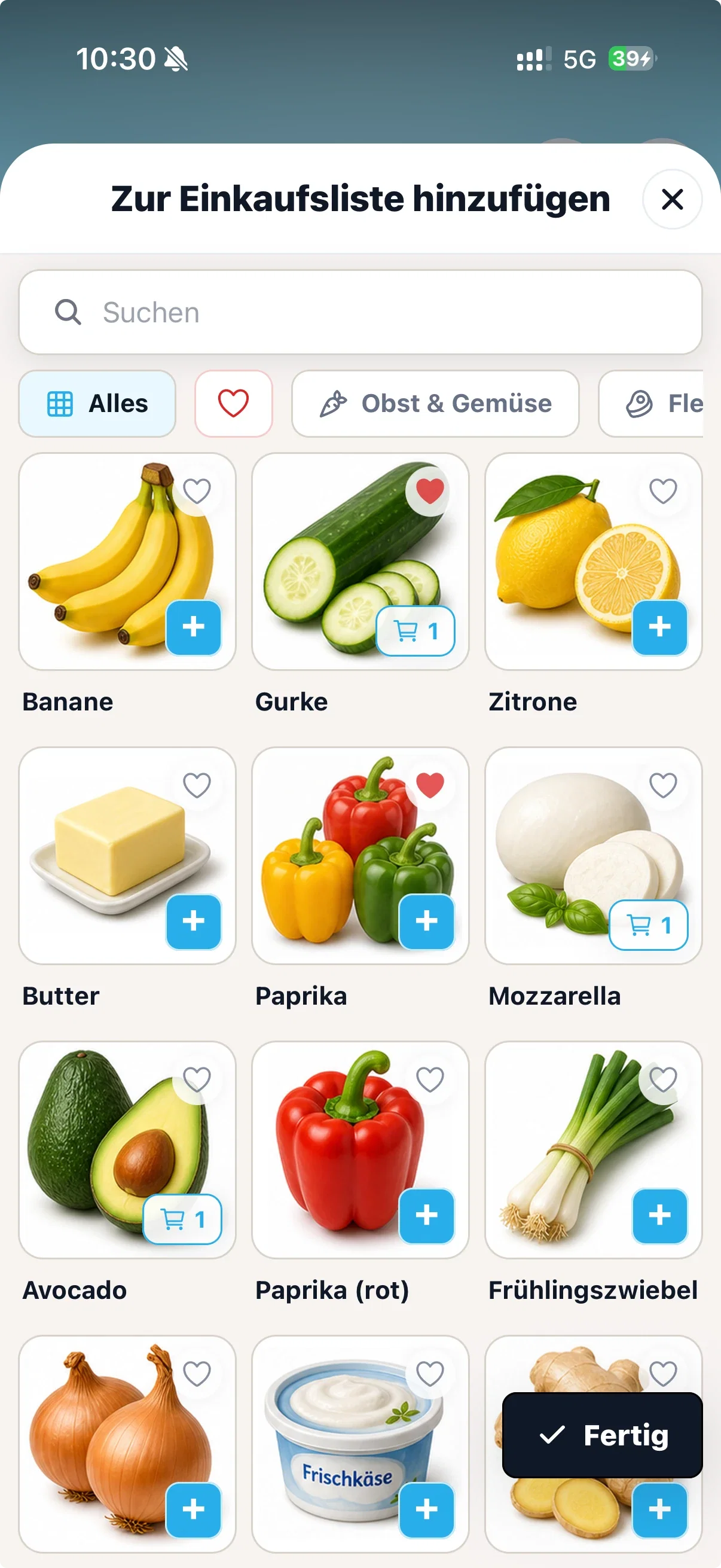 Produktauswahl in cocoduro mit Suche, Kategorien und Schaltflächen zum Hinzufügen zur Einkaufsliste