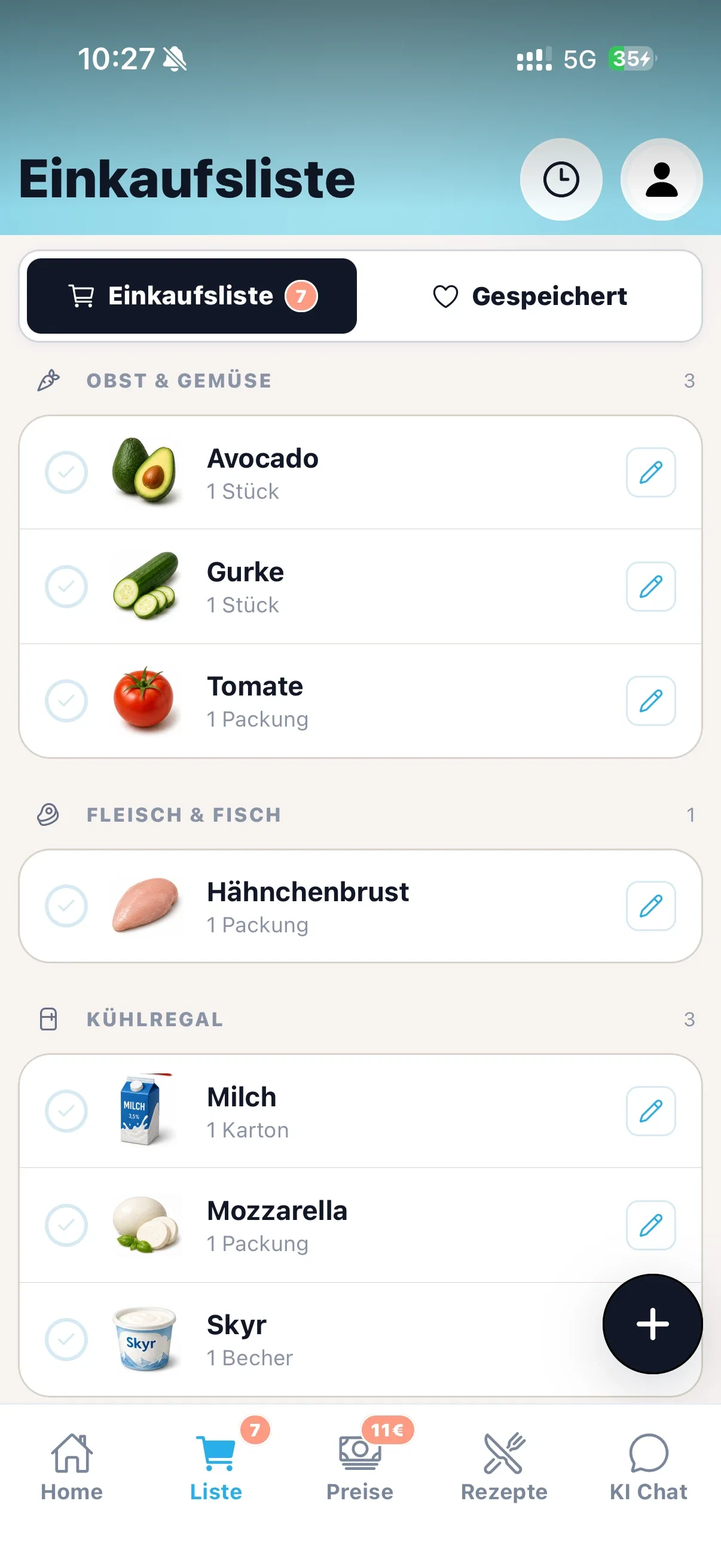 cocoduro Einkaufsliste mit sieben Artikeln in den Bereichen Obst und Gemüse, Fleisch und Fisch sowie Kühlregal