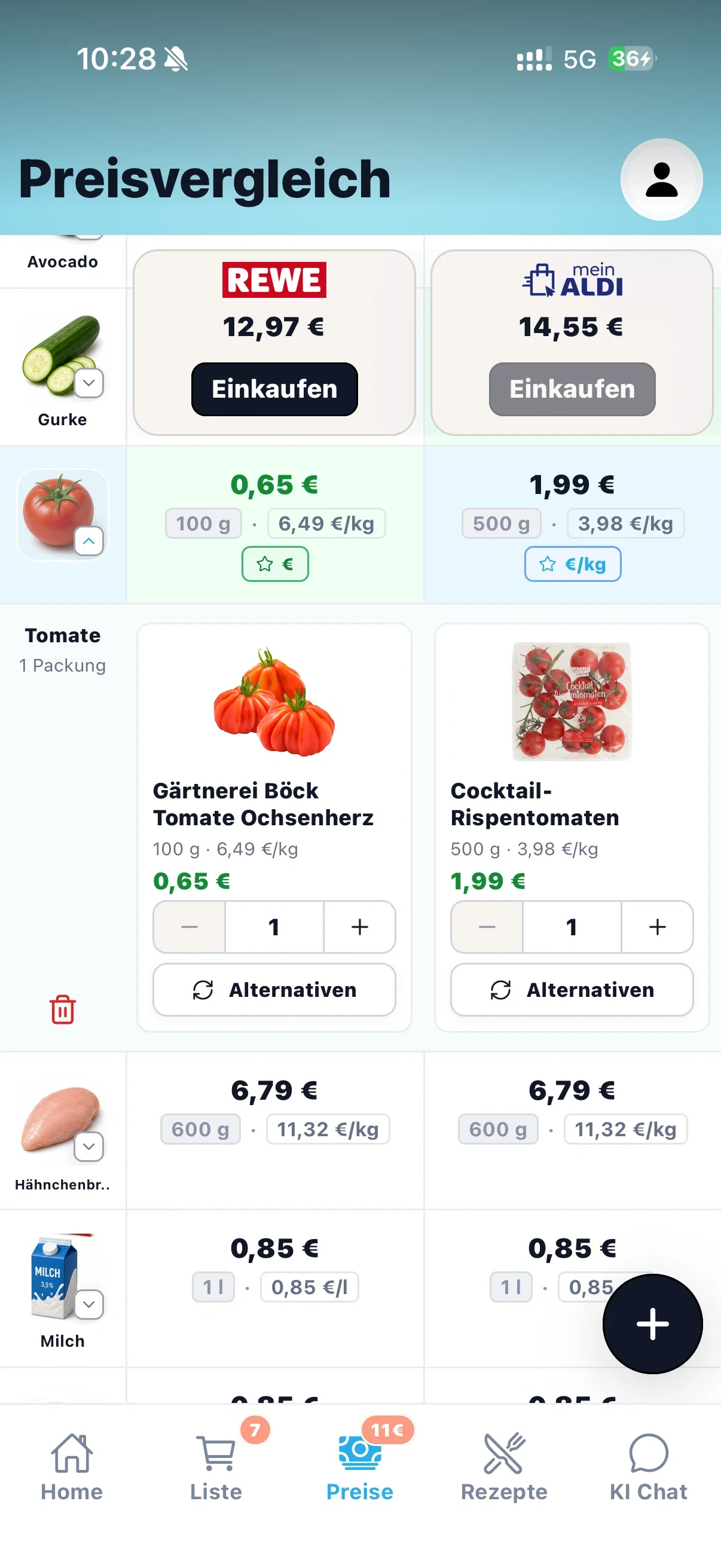 Aufgeklappte Tomatenzeile im Preisvergleich mit Produktdetails, Mengenwahl und Alternativen bei REWE und ALDI