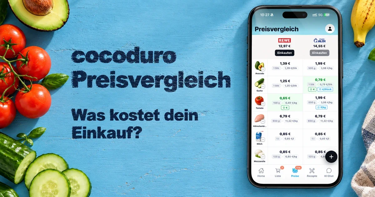 iPhone mit dem cocoduro Preisvergleich für REWE und ALDI auf einem blauen Einkaufstisch