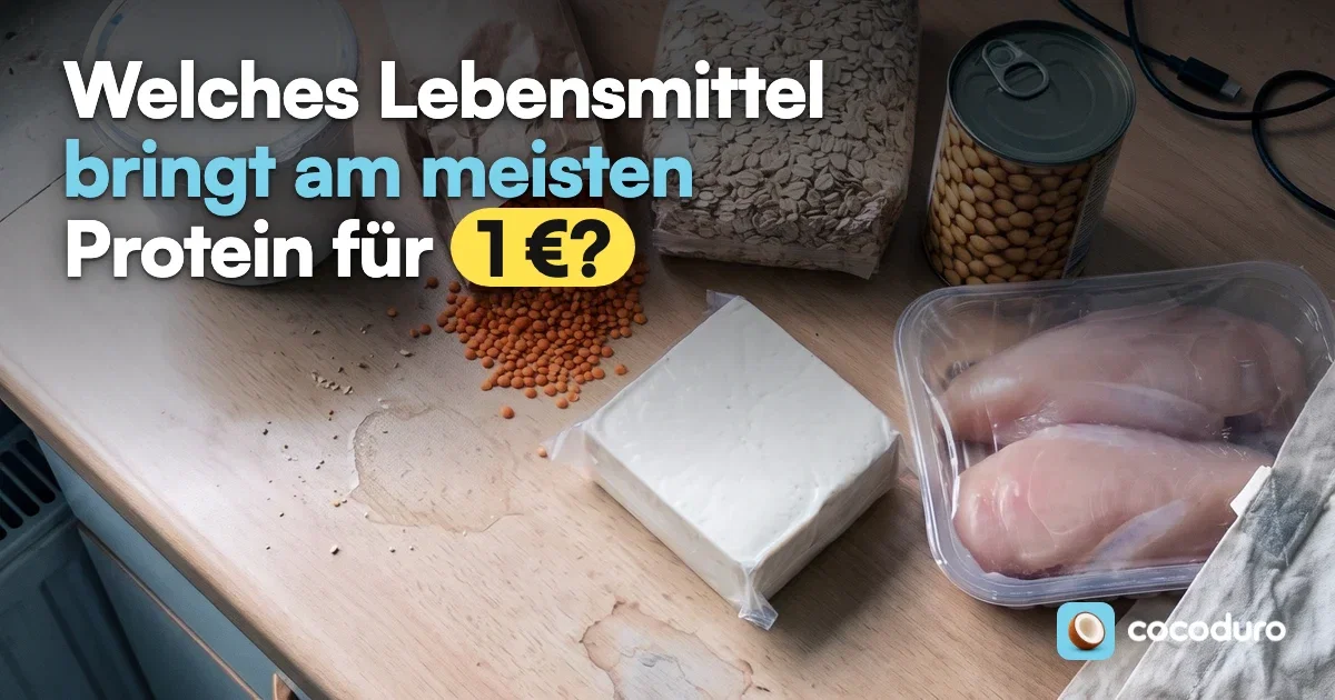 Welches Lebensmittel bringt am meisten Protein für 1 €? Rote Linsen, Magerquark, Haferflocken, Kichererbsen, Tofu und Hähnchenbrust auf einer Küchenarbeitsplatte