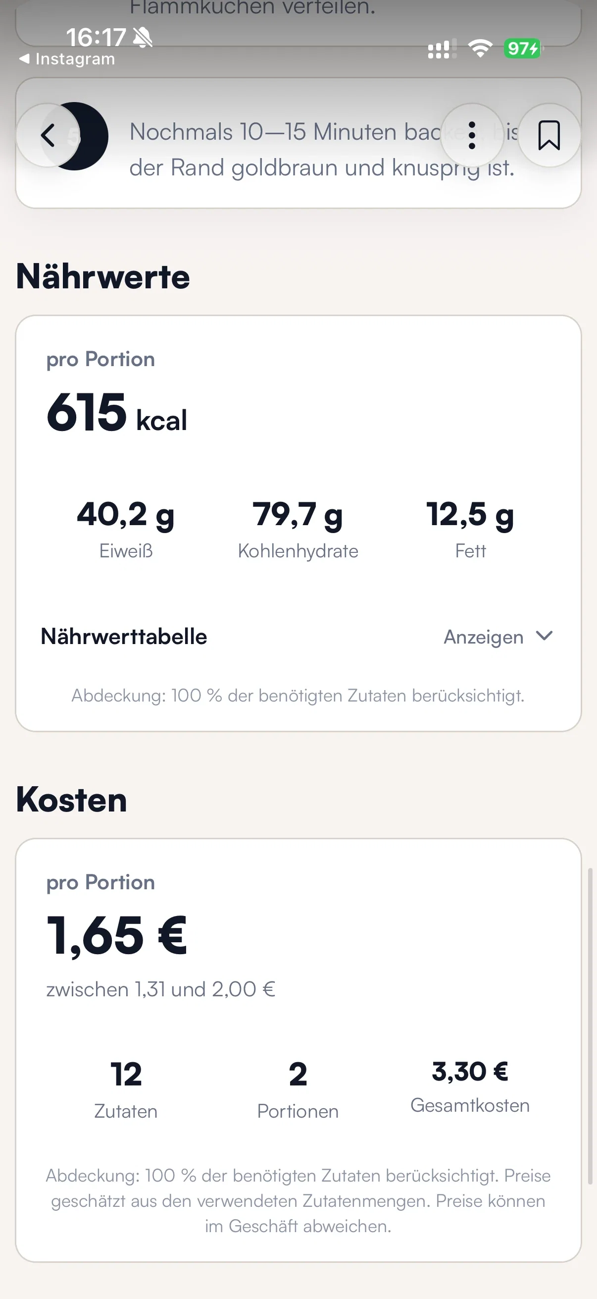 Nährwert- und Kostenansicht des importierten Skyr-Flammkuchens pro Portion