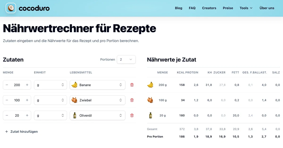 Echter Screenshot des cocoduro Nährwertrechners mit drei Zutaten, zwei Portionen und den berechneten Werten je Zutat und Portion