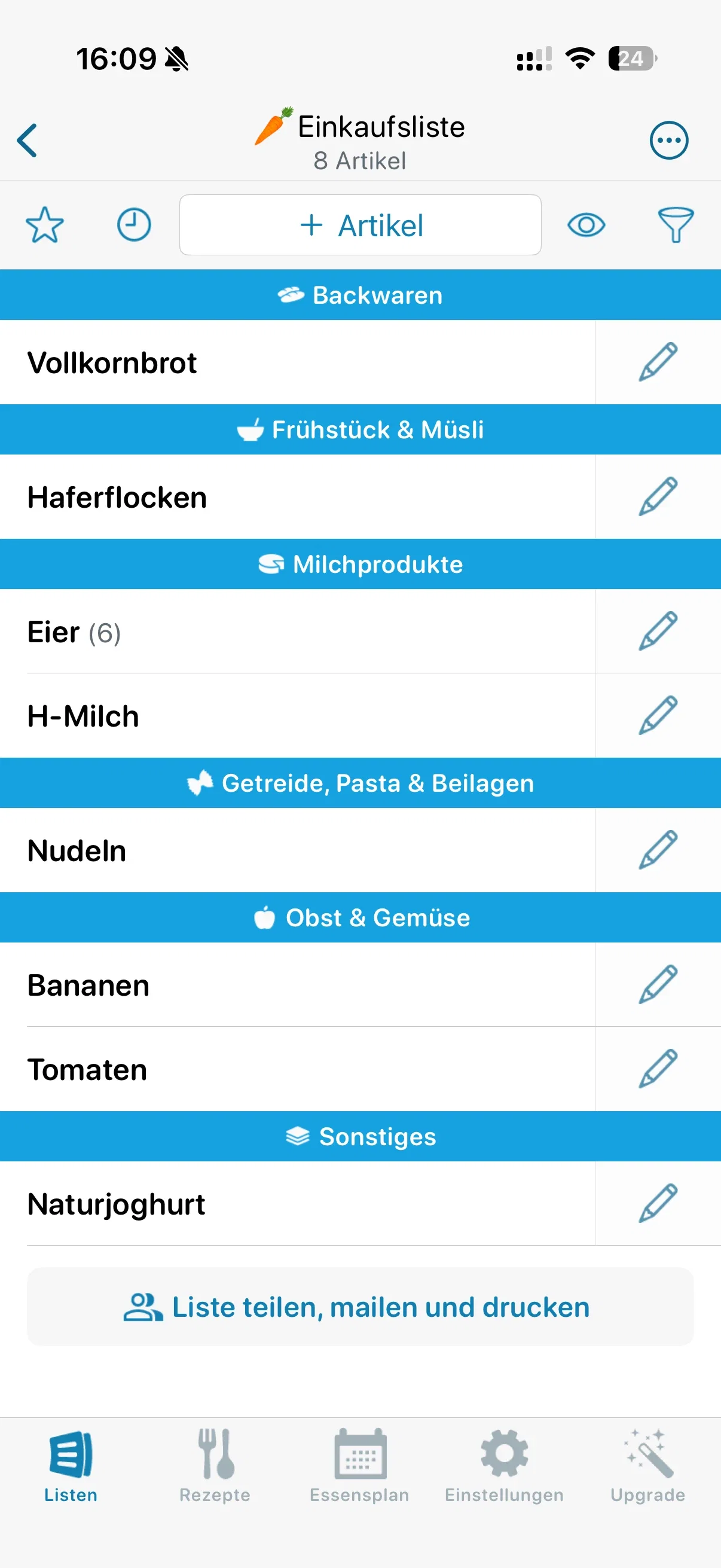 AnyList Einkaufsliste mit textbasierten Artikeln und farbigen Kategorieüberschriften