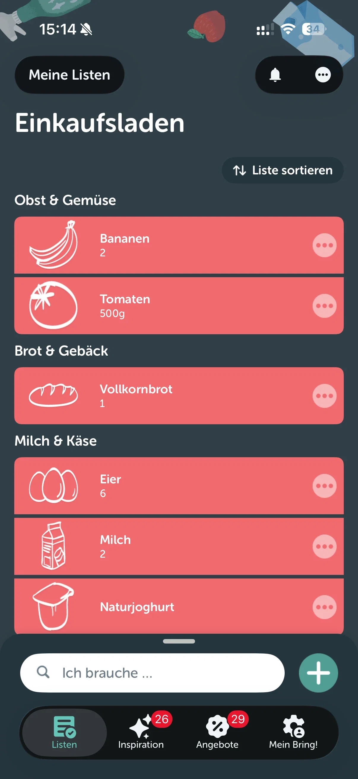 Bring Einkaufsliste im dunklen Design mit Kategorien, stilisierten Lebensmittelzeichnungen und Mengenangaben