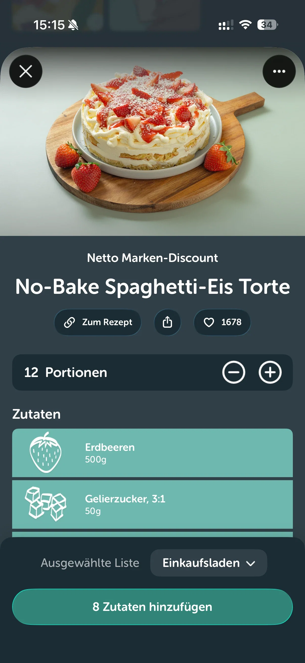 Bring Rezeptdetailansicht mit Portionen, Zutaten und Schaltfläche zum Hinzufügen aller Zutaten
