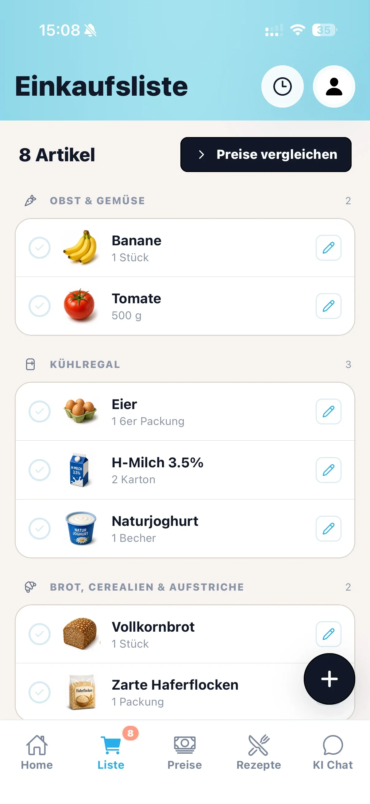 Gemeinsame cocoduro Einkaufsliste mit Lebensmittelbildern, Mengen und Supermarktbereichen