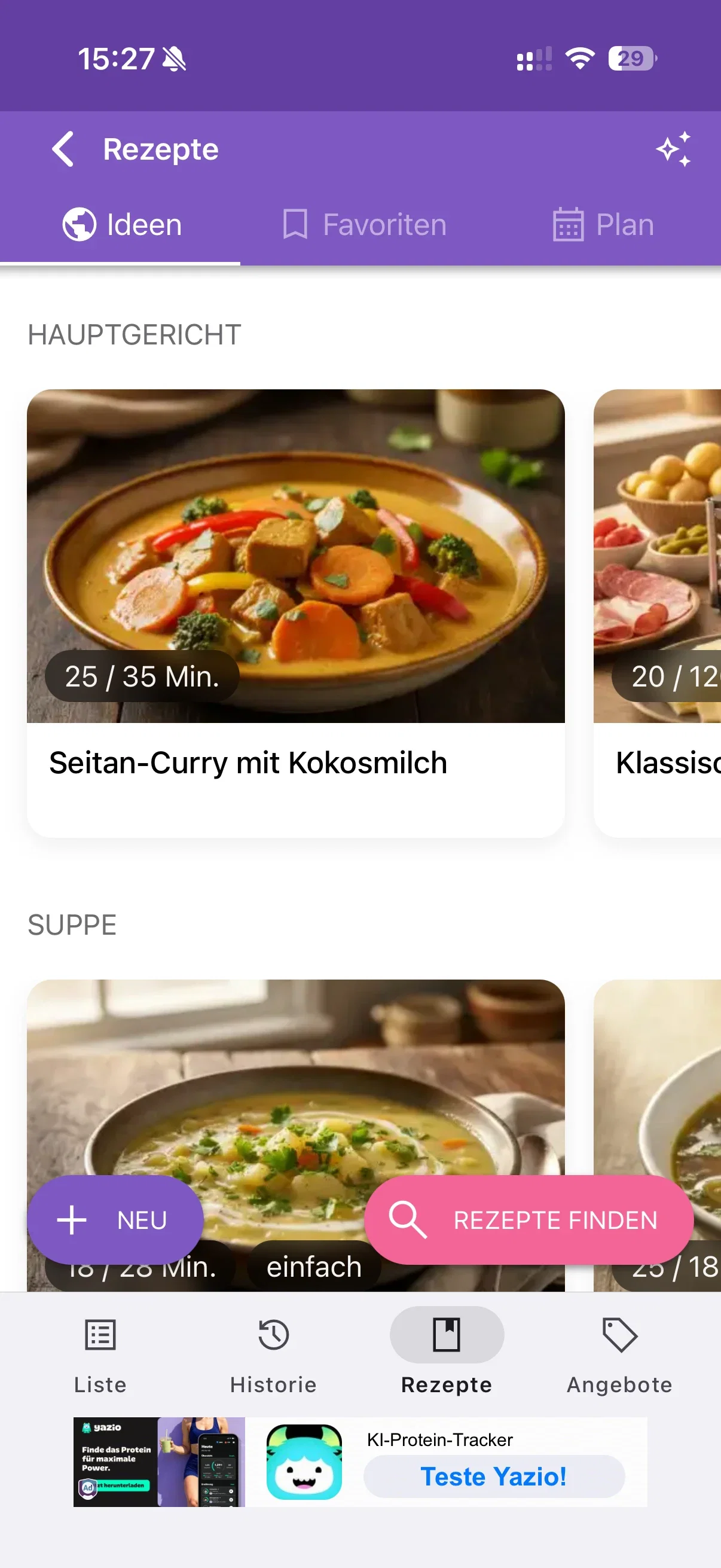 Die Einkaufsliste Rezeptübersicht mit bebilderten Hauptgerichten und Suppen