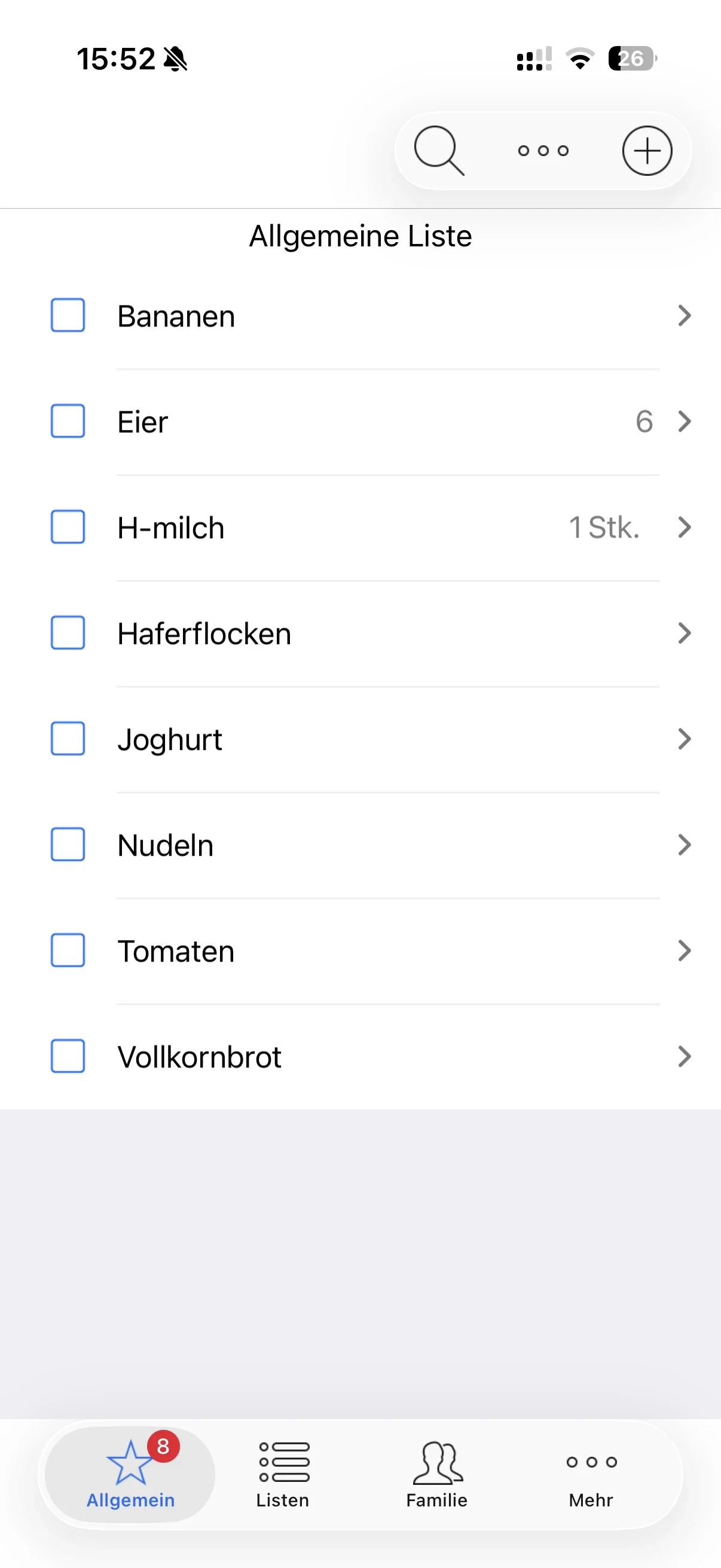 Shopping Share mit allgemeiner Liste, textbasierten Artikeln und Checkboxen