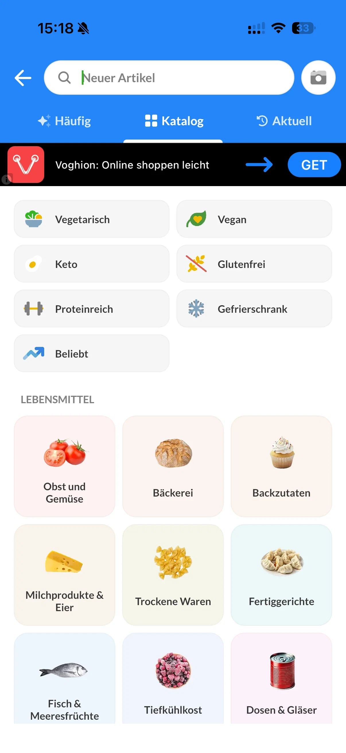 Listonic Artikelkatalog mit bebilderten Lebensmittelkategorien und Werbebanner