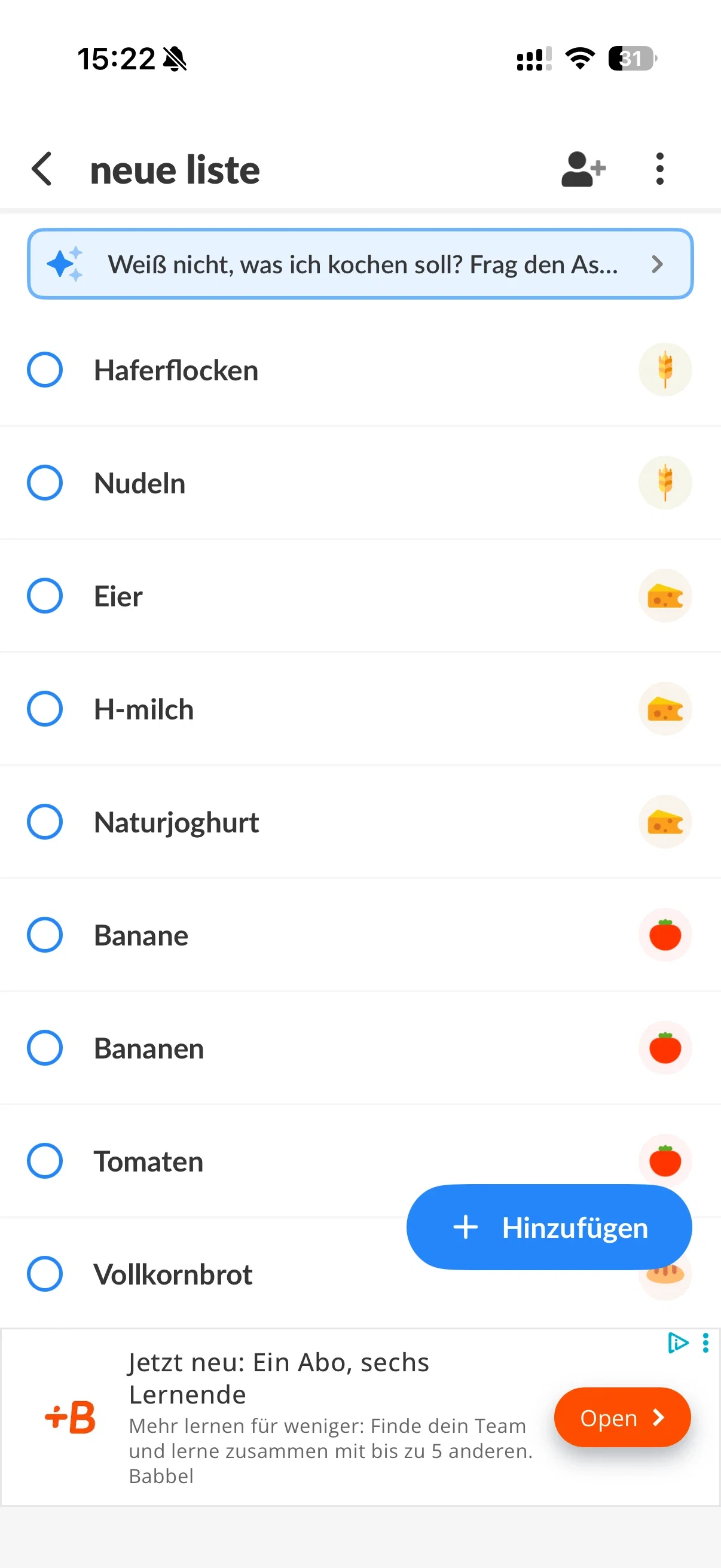 Listonic Einkaufsliste mit textbasierten Artikeln, kleinen Kategorie-Icons und großer Werbeanzeige