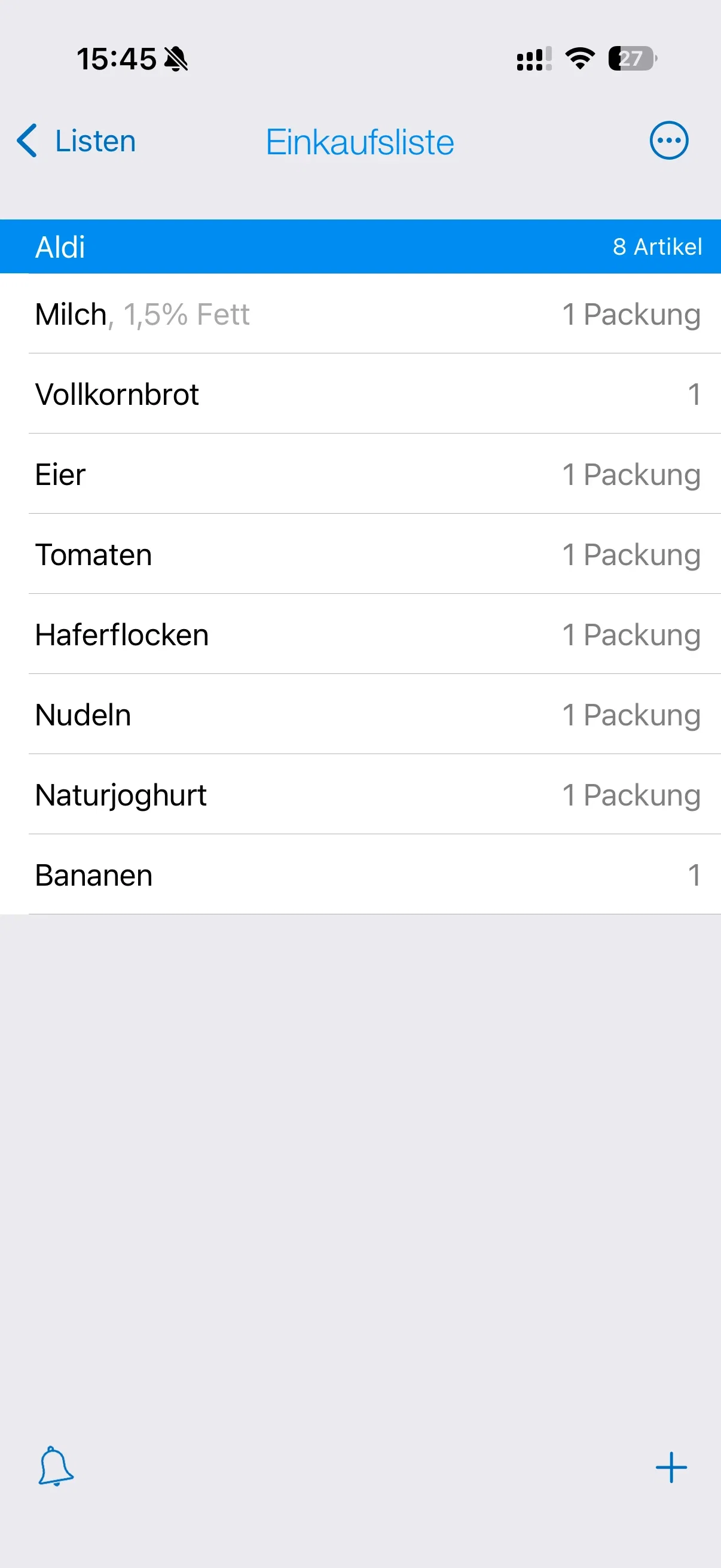 pon Einkaufsliste für den Einkaufsort Aldi mit Artikeln, Mengen und Einheiten