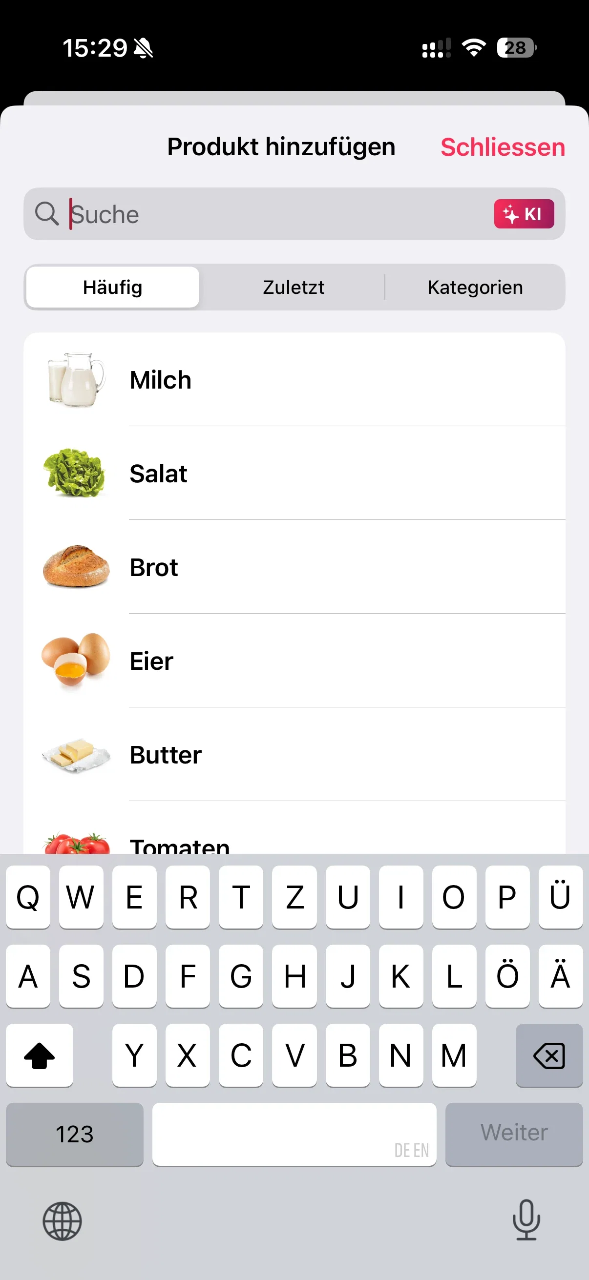 WeNeed Artikelsuche mit Bildern, Kategorien und KI-Funktion