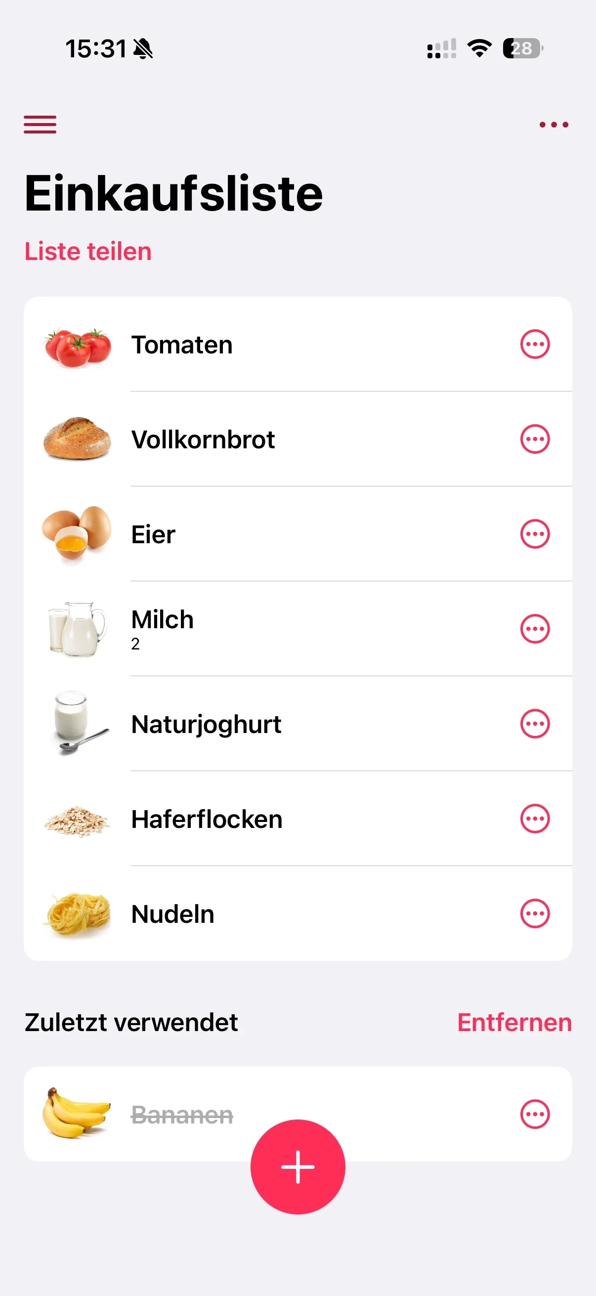 Zuletzt verwendete Lebensmittel in WeNeed