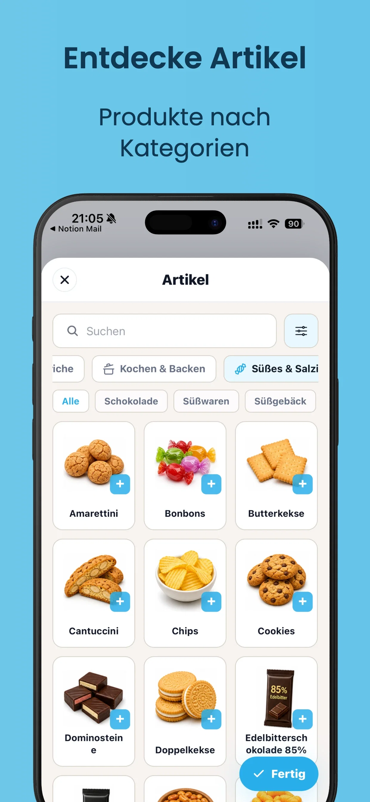 cocoduro App Artikel entdecken und Produkte nach Kategorien hinzufügen