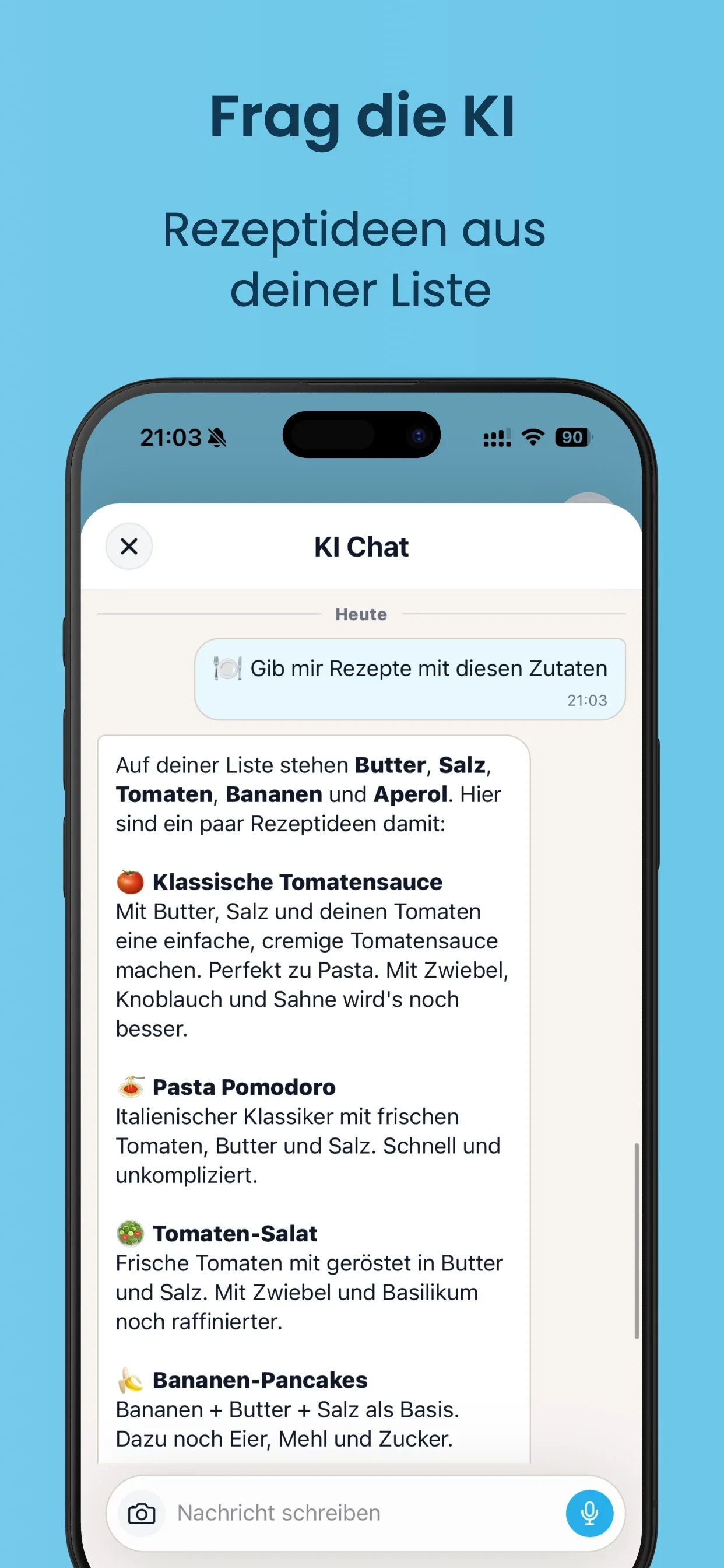 cocoduro App KI Chat mit Rezeptideen aus der Einkaufsliste