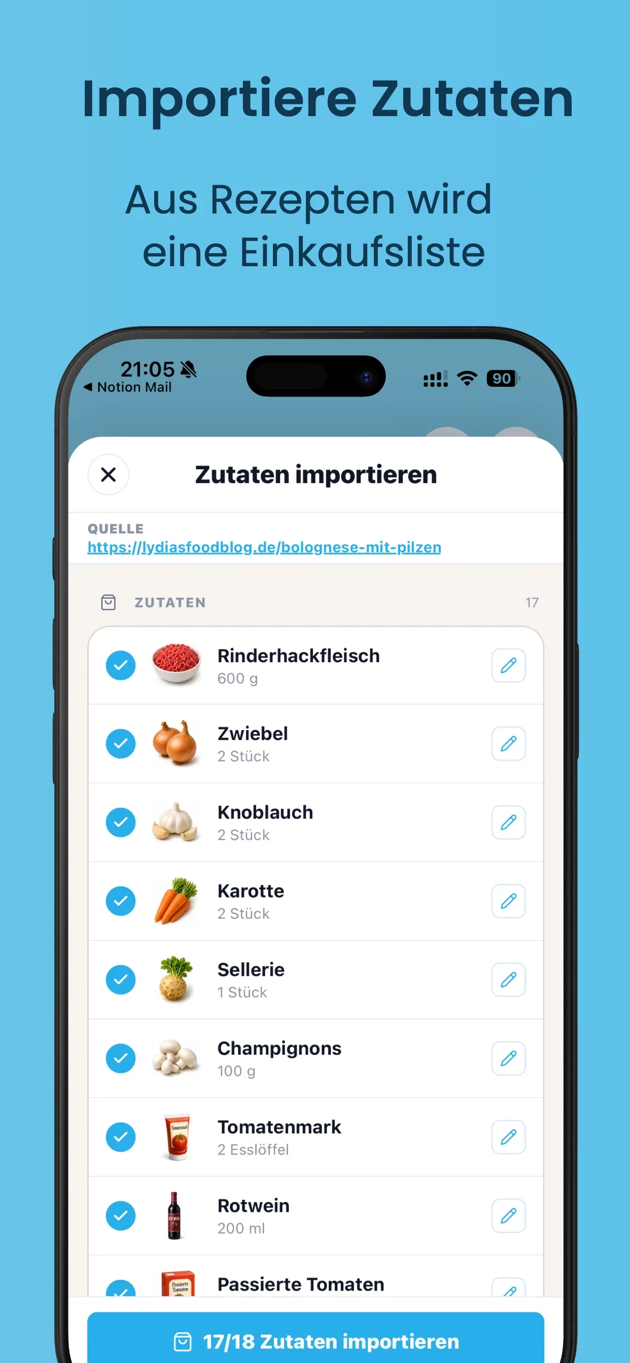cocoduro App Zutaten aus Rezepten importieren