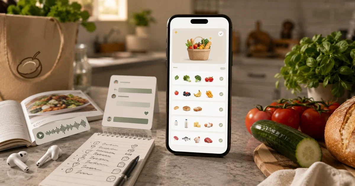 Smartphone mit vorbereitetem Wocheneinkauf neben Rezepten, frischem Gemüse und Einkaufsnotizen