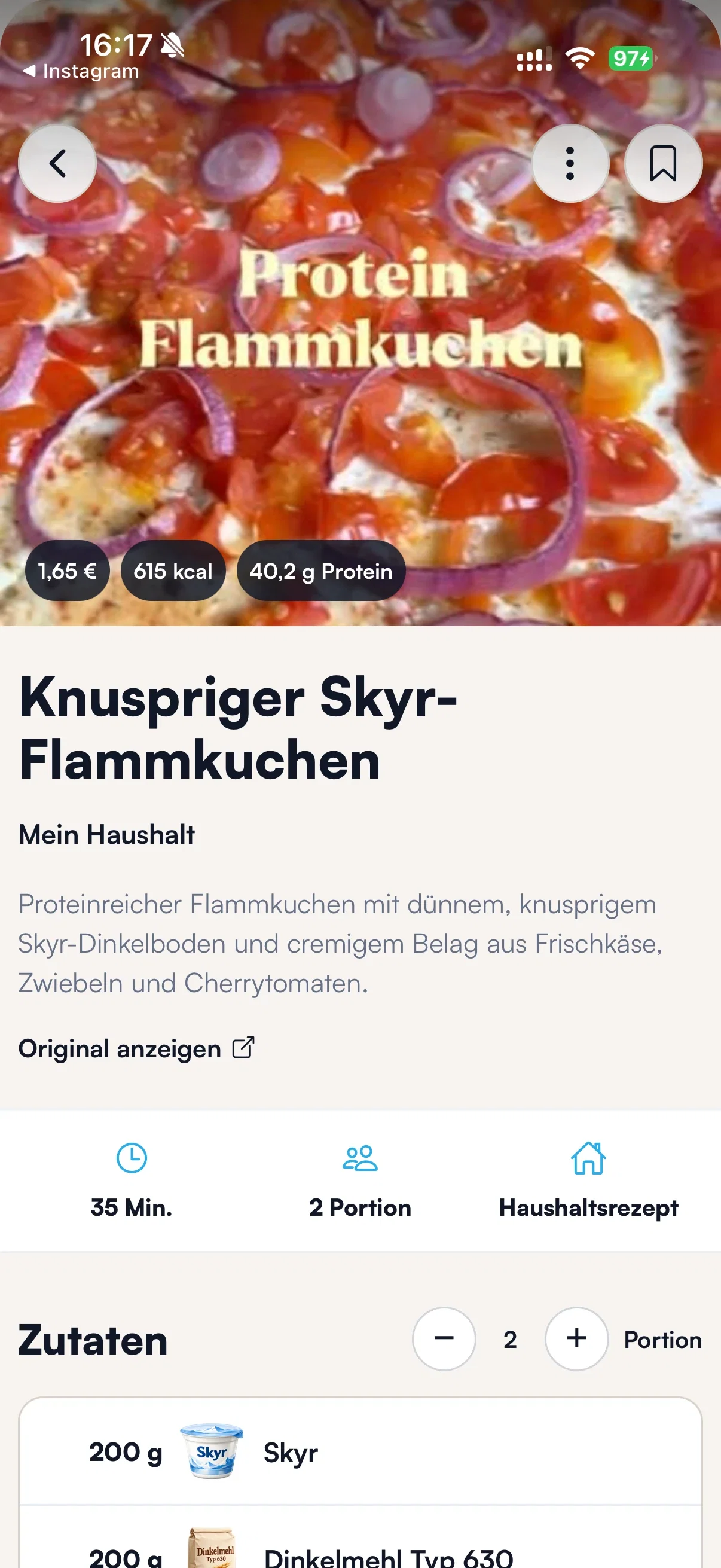 Importierter Skyr-Flammkuchen mit Rezepttitel, Portionen und Zutaten