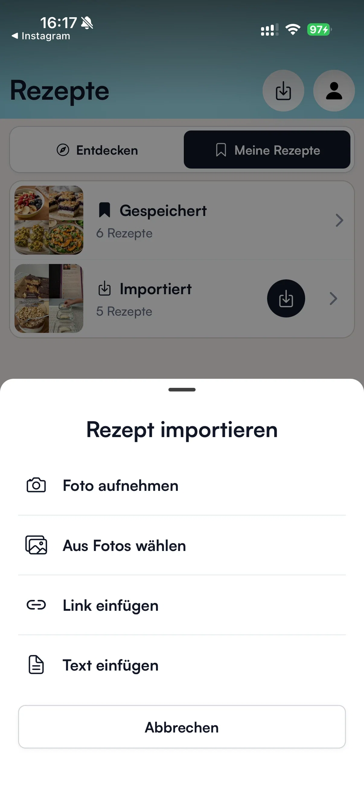 Menü Rezept importieren mit Foto, Bilderauswahl, Link und Text
