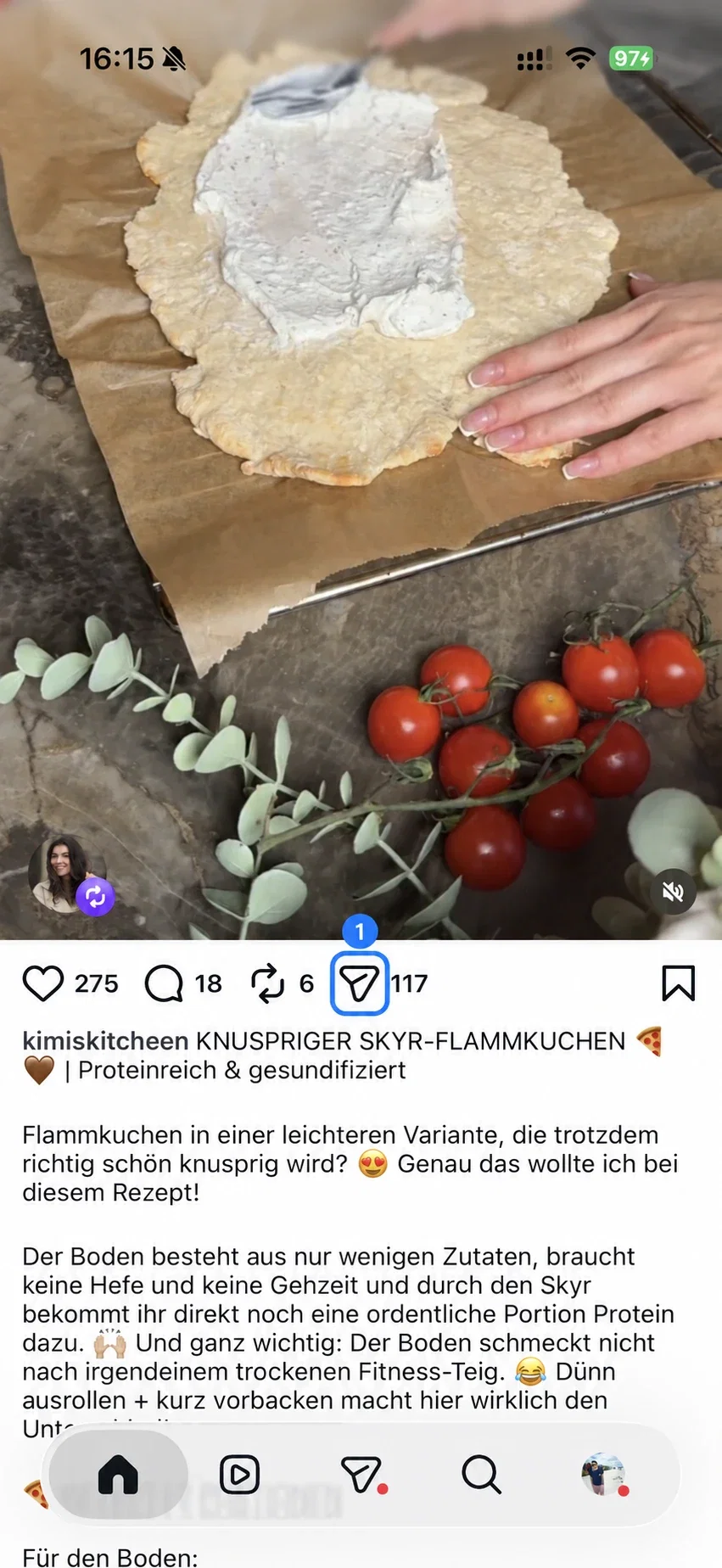 Instagram-Reel mit blau markiertem Teilen-Symbol unter dem Rezeptvideo