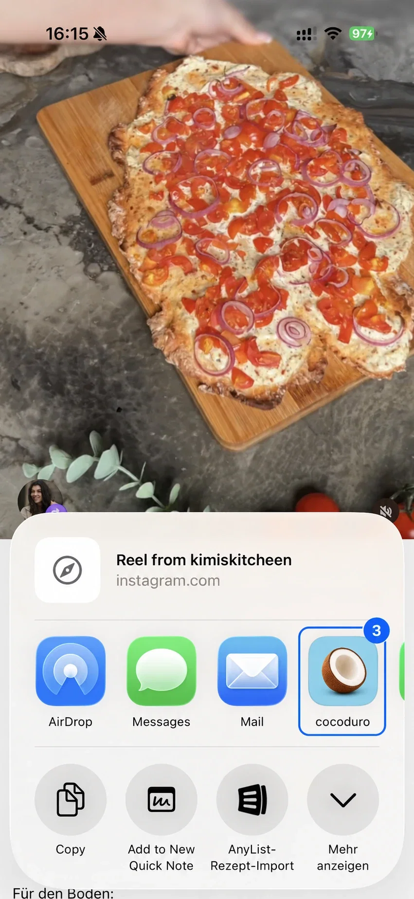 iOS-Teilen-Ansicht mit cocoduro App als markiertem dritten Schritt