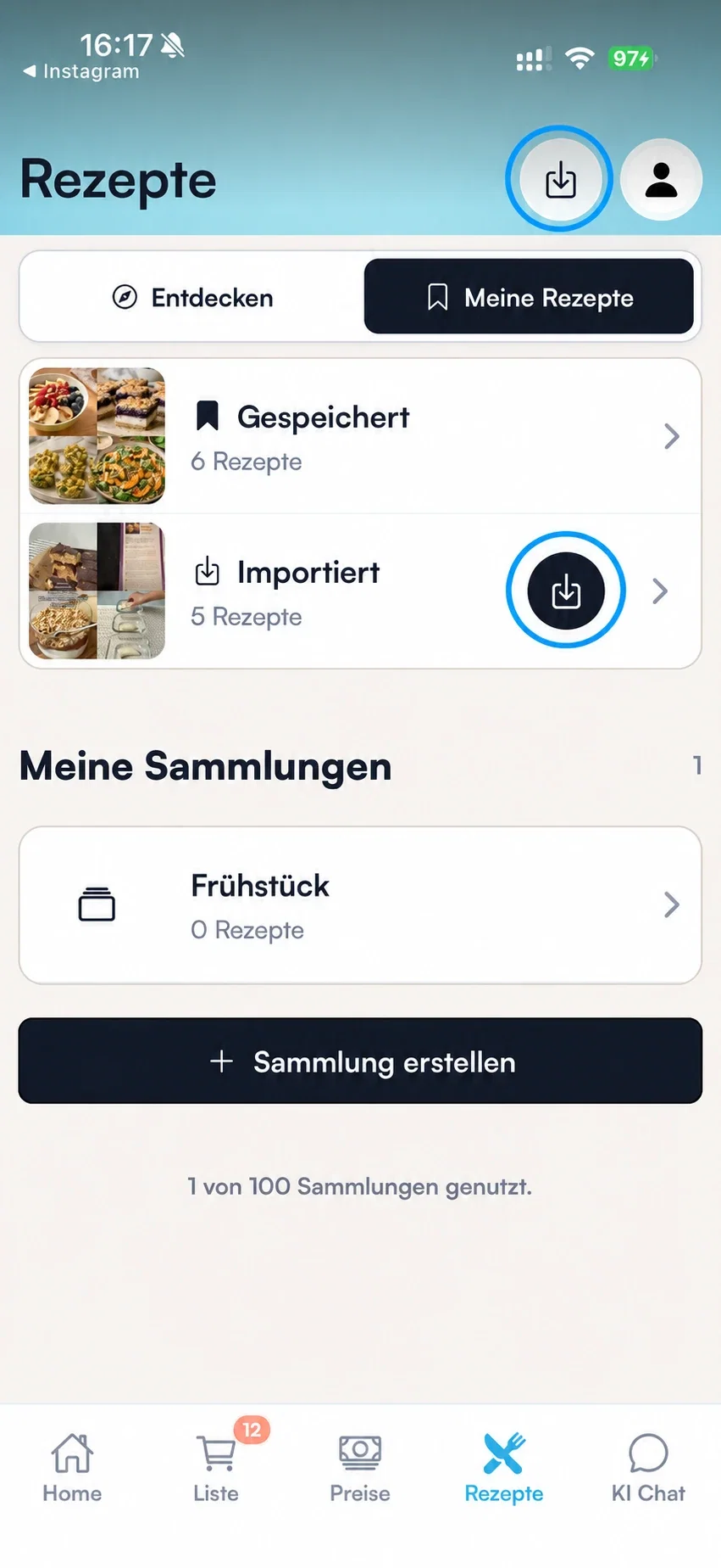 Rezeptbibliothek mit blau markierten Import-Schaltflächen oben und im Bereich Importiert