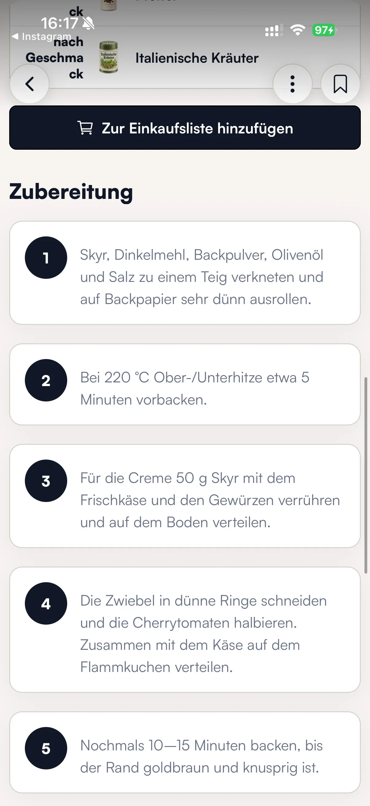 Zubereitung des importierten Rezepts mit der Schaltfläche Zur Einkaufsliste hinzufügen