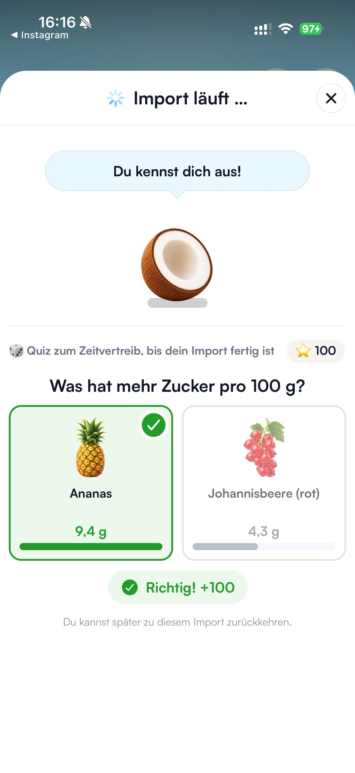Laufender Rezeptimport mit Zutatenquiz zu Ananas und Johannisbeeren