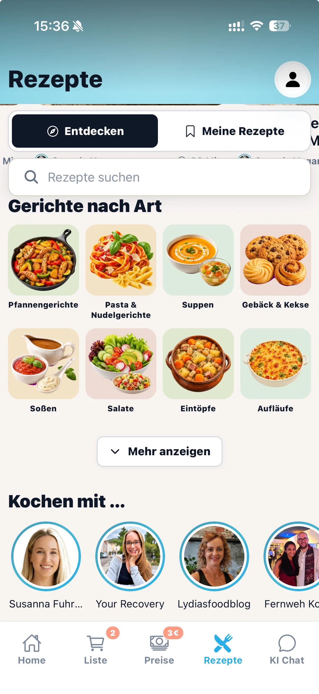 cocoduro Rezeptbereich mit Kategorien und Creator Profilen