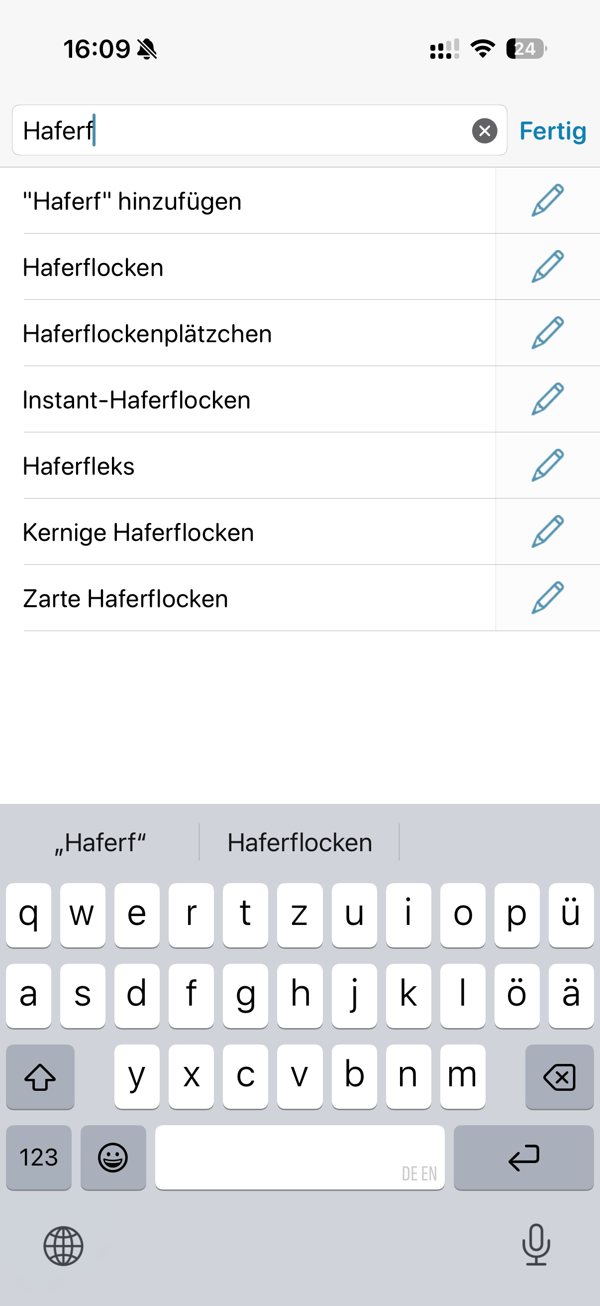 AnyList Artikelsuche mit textbasierten Vorschlägen für Haferflocken
