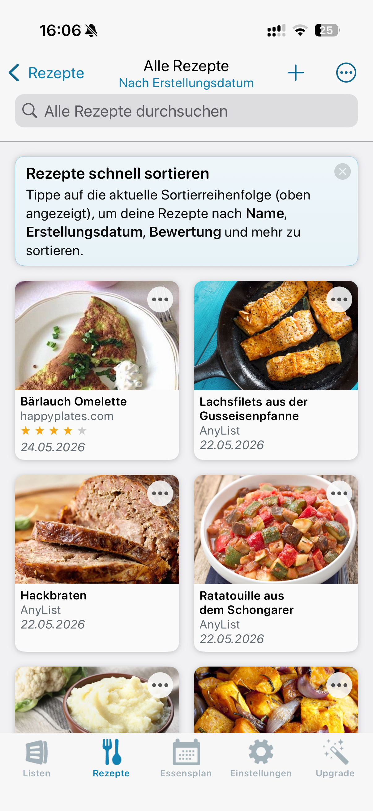 AnyList Rezeptübersicht mit eigenen und importierten Rezepten in bebilderten Kacheln