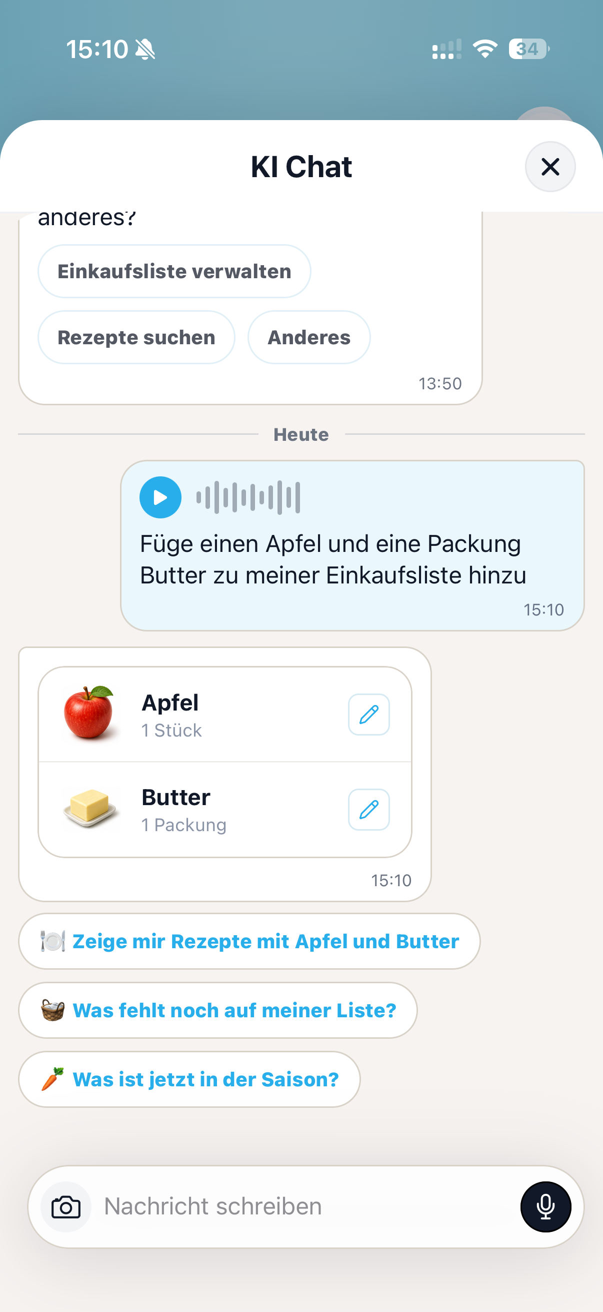 cocoduro KI-Chat zum Erstellen und Ergänzen einer Einkaufsliste