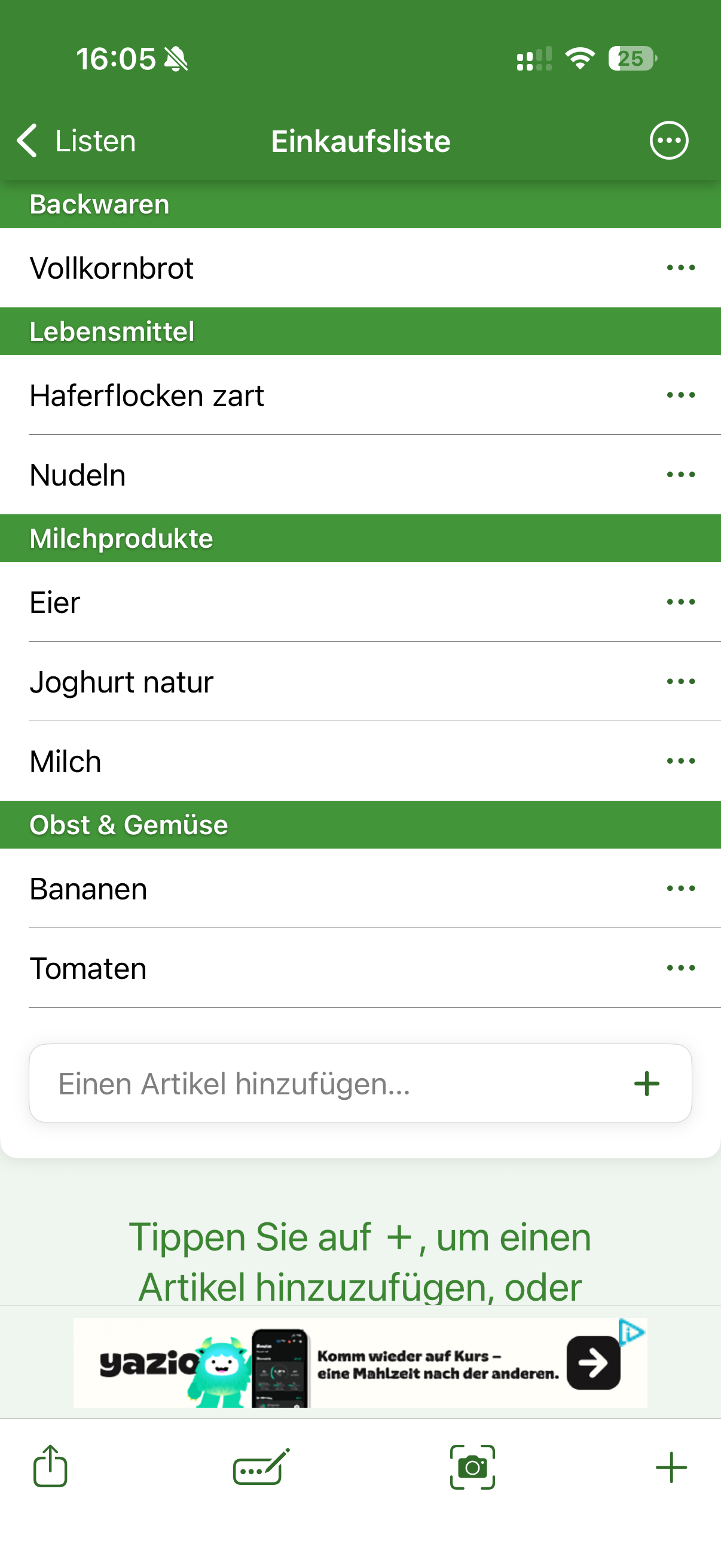 OurGroceries Einkaufsliste mit textbasierten Artikeln, Kategorien und Werbebanner