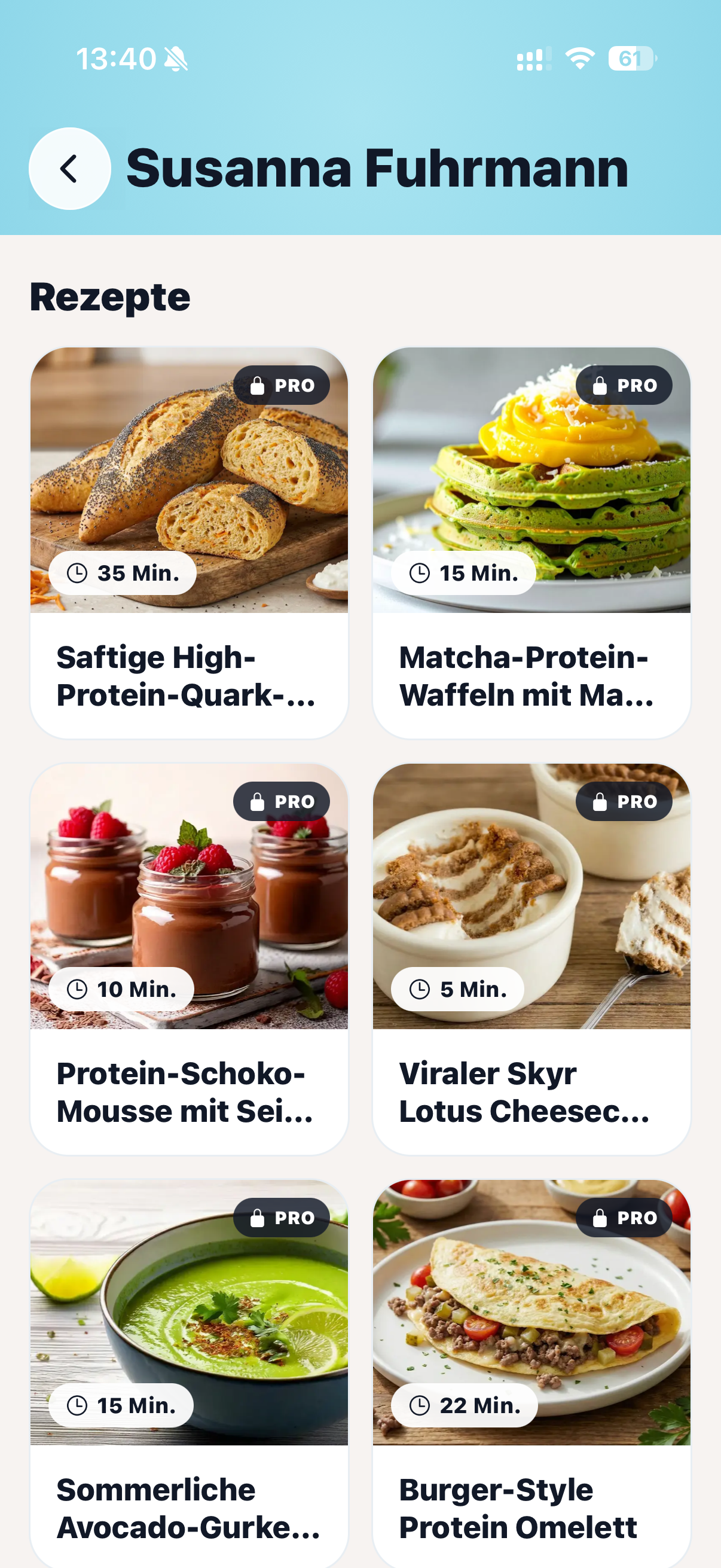 cocoduro Rezeptübersicht mit bebilderten Creator-Rezepten, Zubereitungszeit und Pro-Kennzeichnung