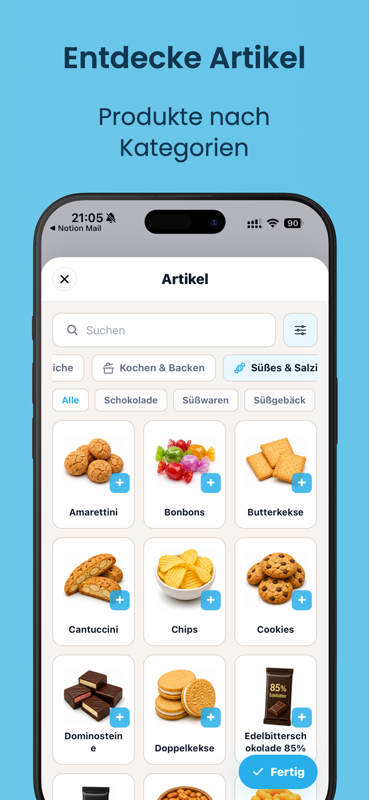 cocoduro App Artikel entdecken und Produkte nach Kategorien hinzufügen
