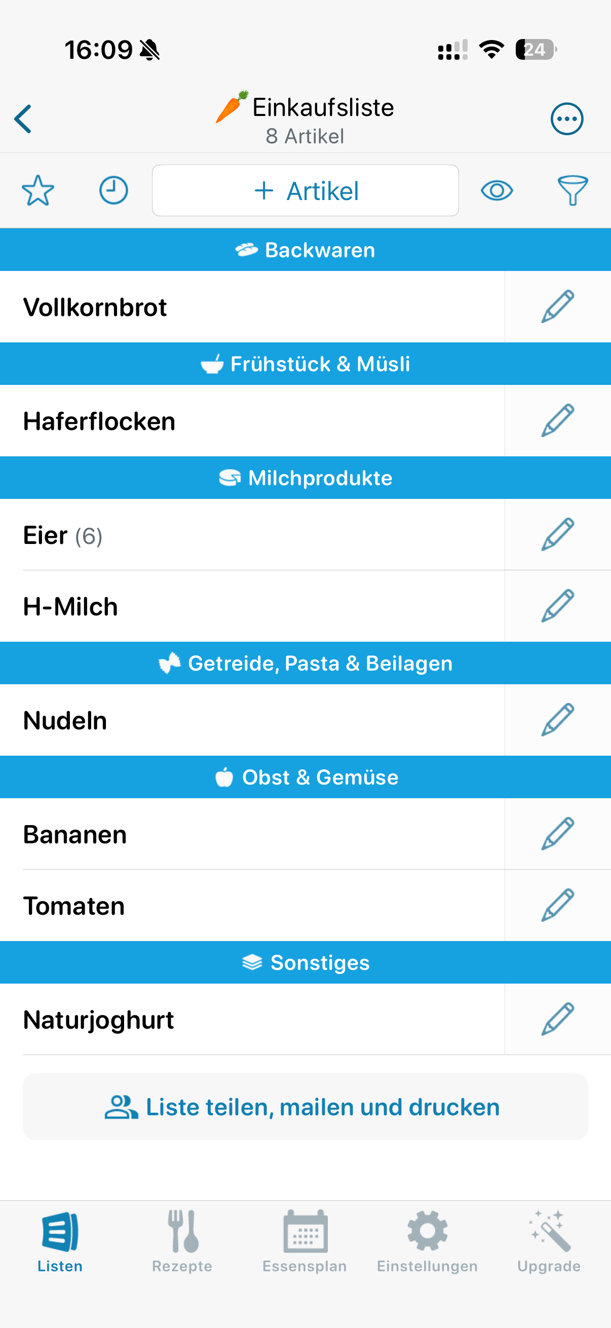 AnyList Einkaufsliste mit textbasierten Artikeln und farbigen Kategorieüberschriften