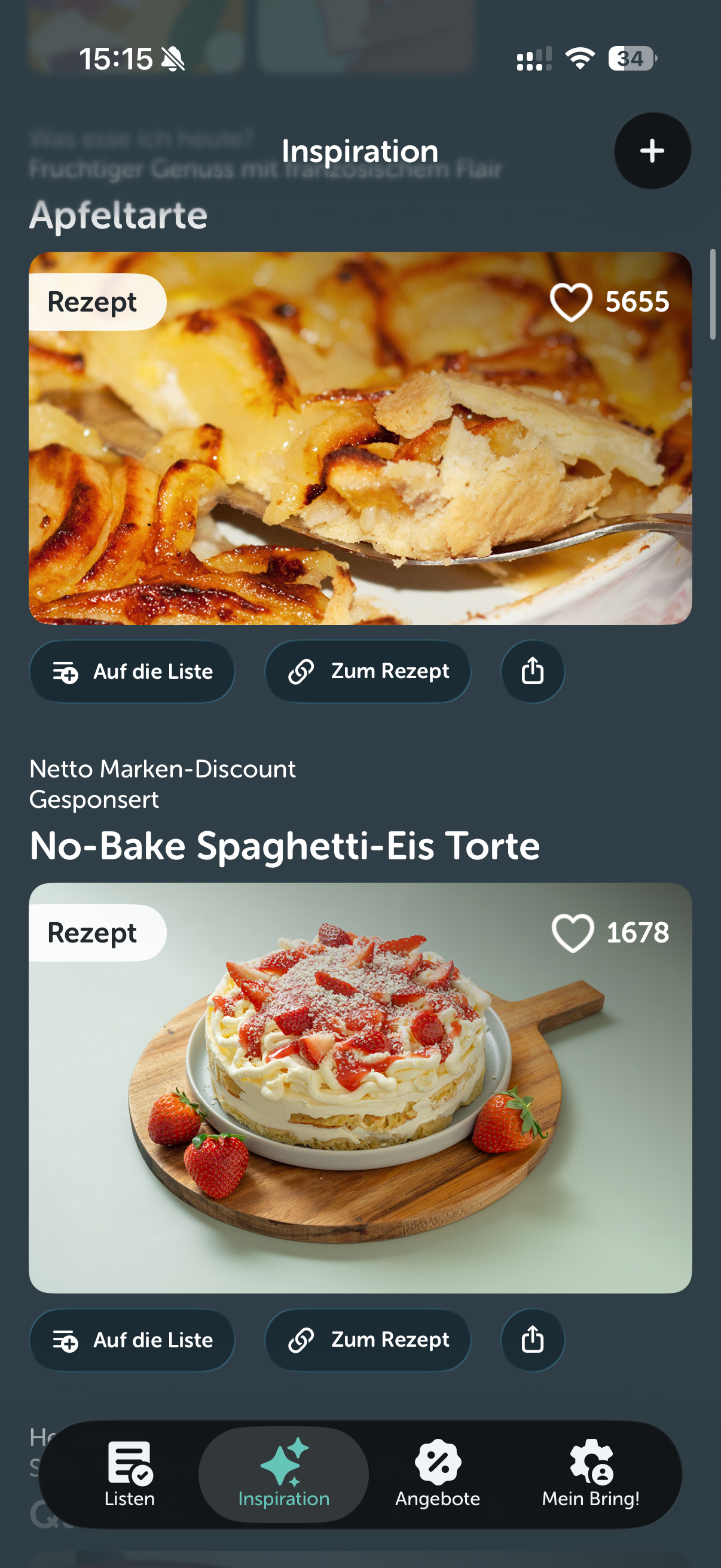 Bring Inspiration mit bebilderten Rezepten und Schaltflächen zum Hinzufügen auf die Einkaufsliste