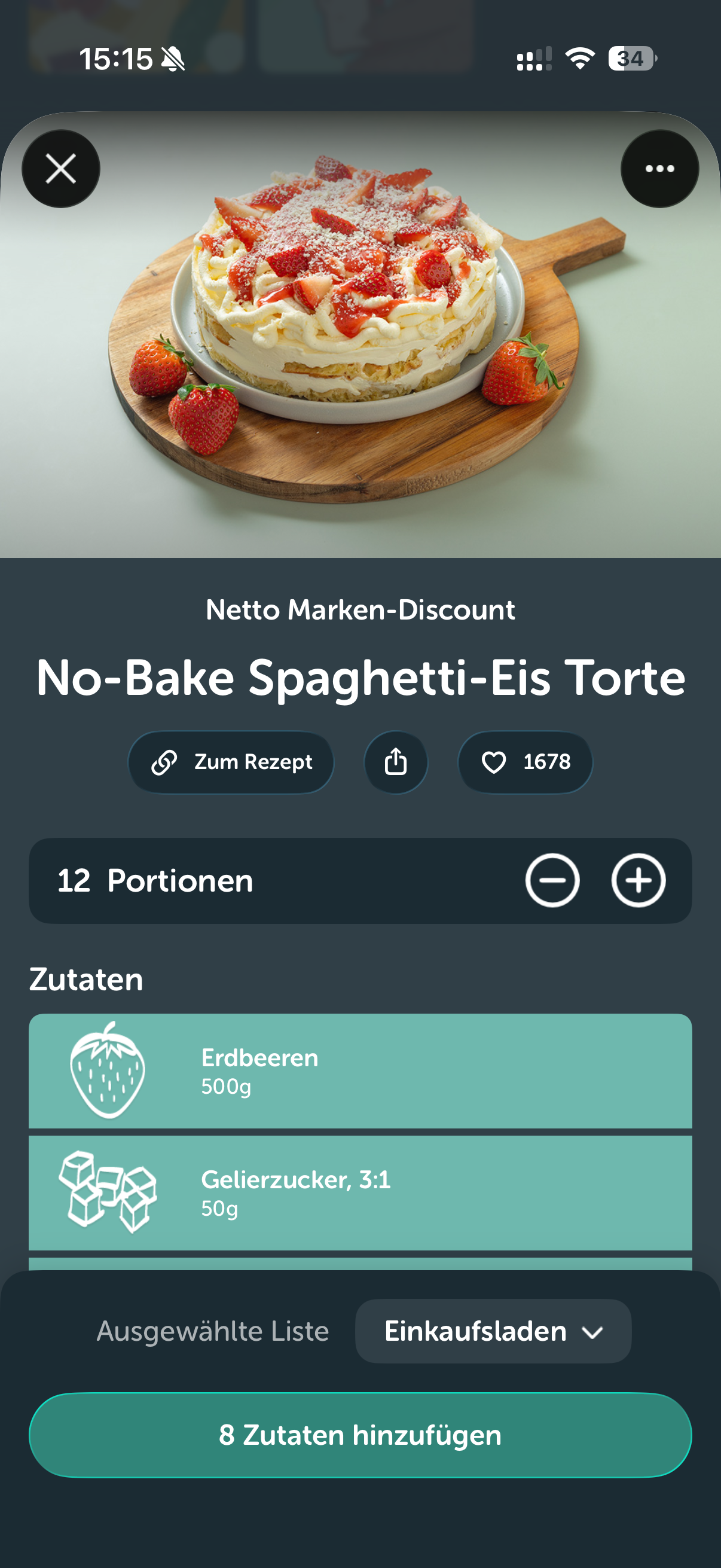 Bring Rezeptdetailansicht mit Portionen, Zutaten und Schaltfläche zum Hinzufügen aller Zutaten