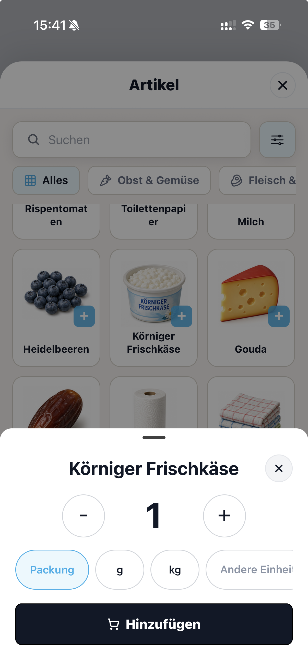 cocoduro Artikelauswahl für körnigen Frischkäse mit Mengensteuerung und direkter Auswahl von Packung, Gramm oder Kilogramm